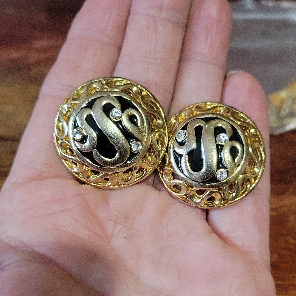 Vintage Large Stud Gold and Black Earrings